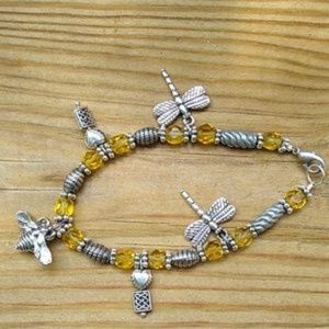 Bee and dragonflies bracelet in silver and honey